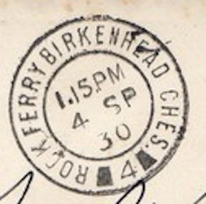 Postmark of Rockferry Birkenhead Ches. 4 double-ring handstamp with bars 1930